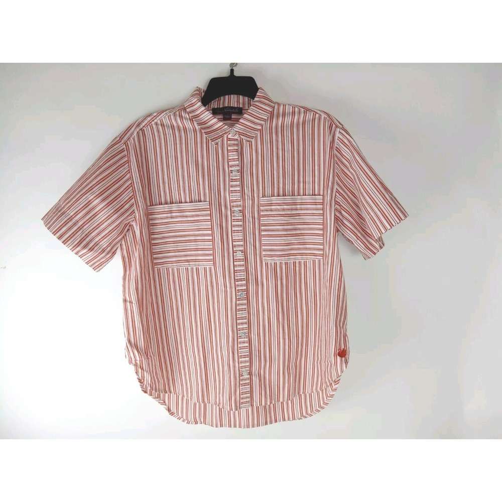 Gloria Vanderbilt Women's Button Down 100% Cotton Brown/White  Collared Top sz L